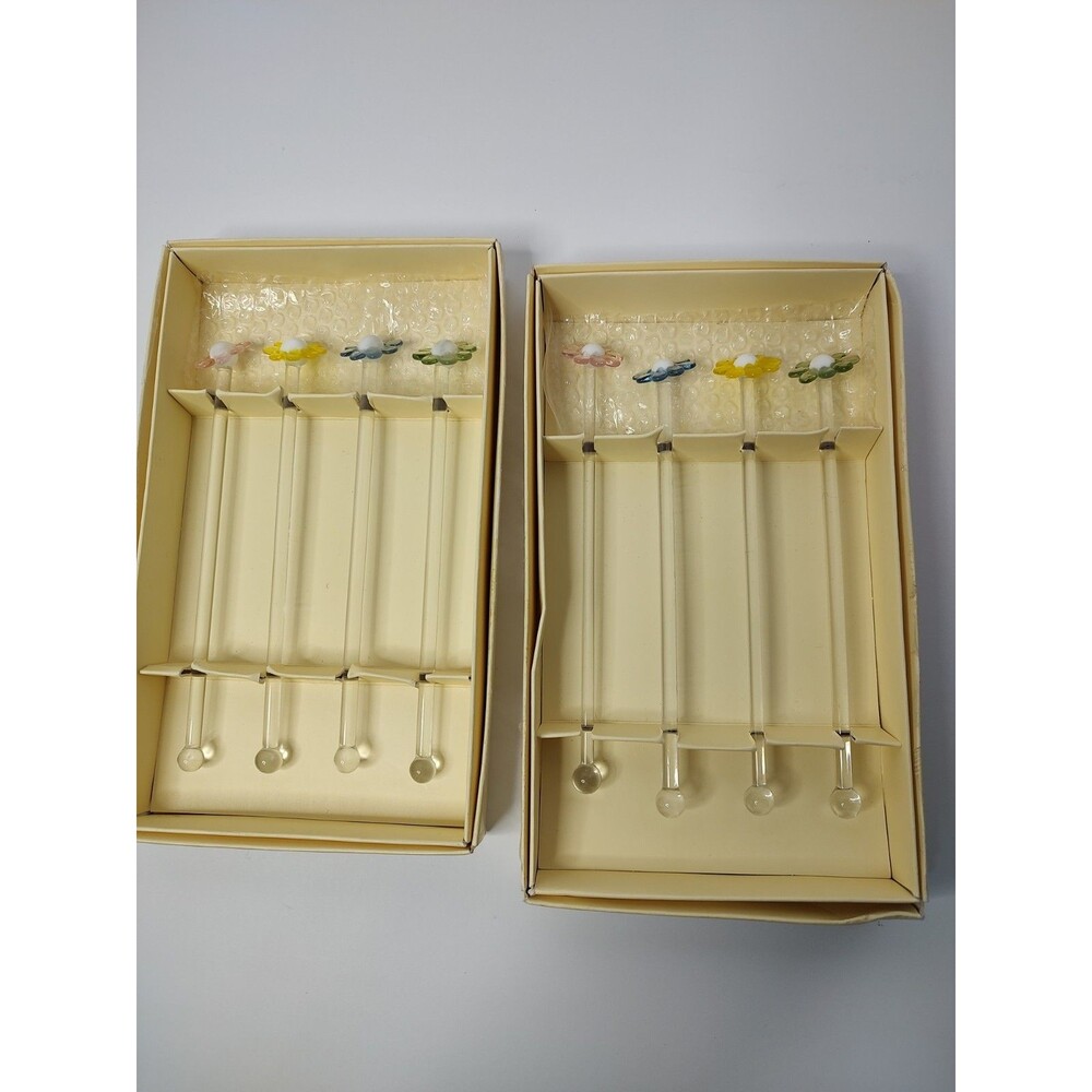 Pottery Barn Glass Daisy Drink Stirrers Swizzle Sticks Complete Set of 8 Boxed
